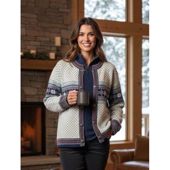 VTG Eagle's Eye Wool Fair Isle Nordic Snowflake Cardigan Sweater oversized S - Picture 1 of 9